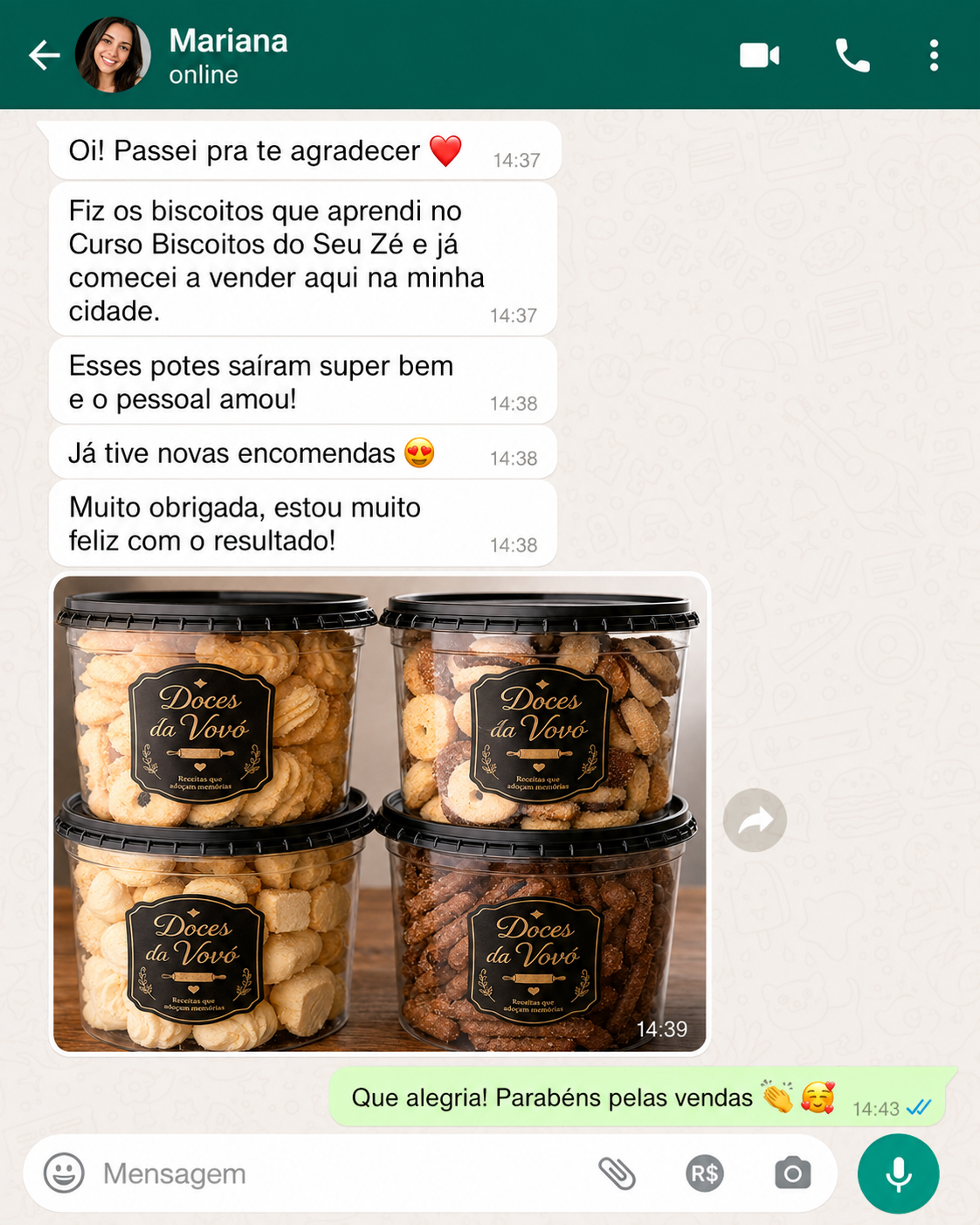 Depoimento da Mariana com potes de biscoitos prontos para vender
