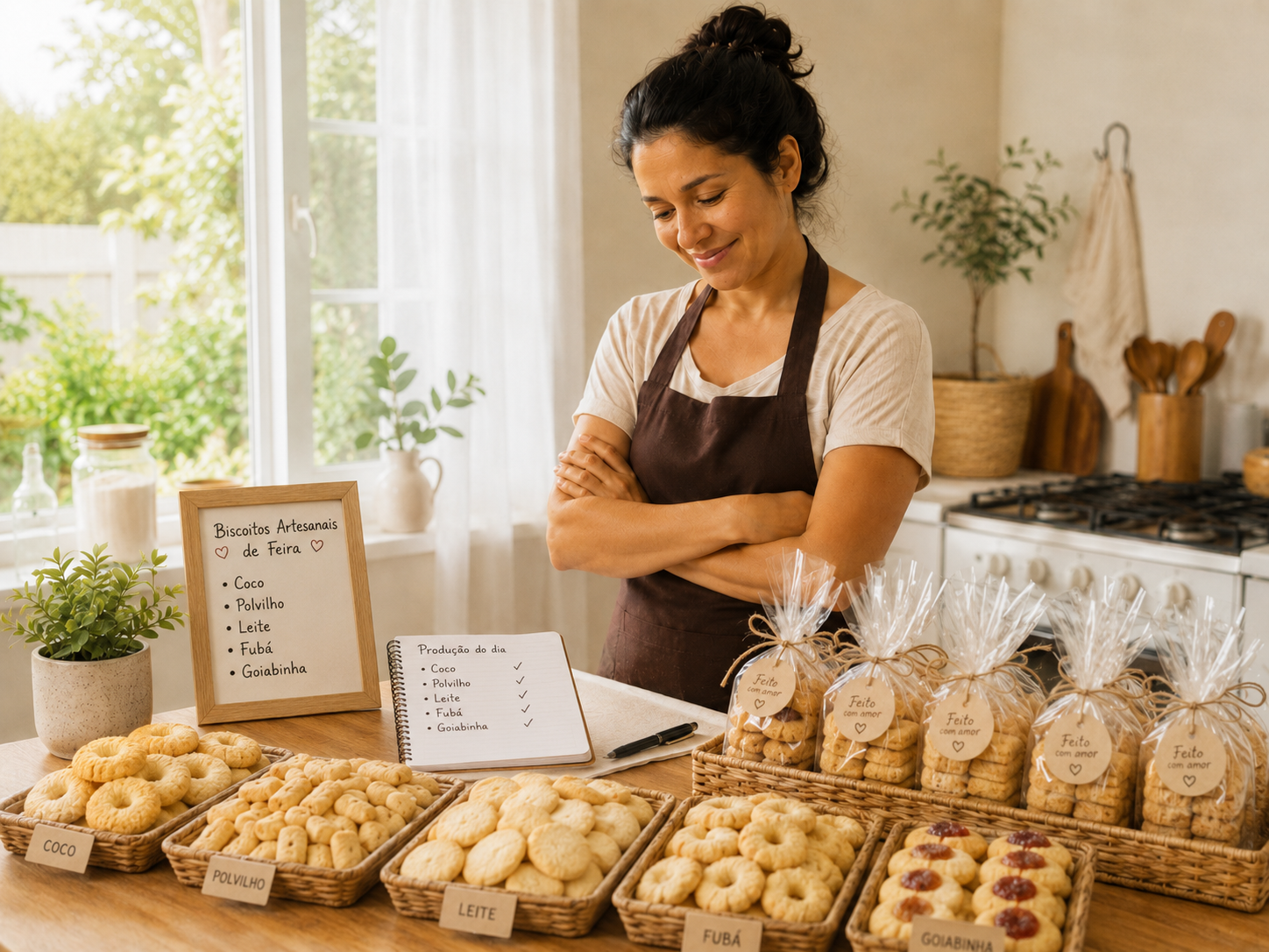 Mulher em cozinha caseira ao lado de cestas com biscoitos artesanais embalados e prontos para vender