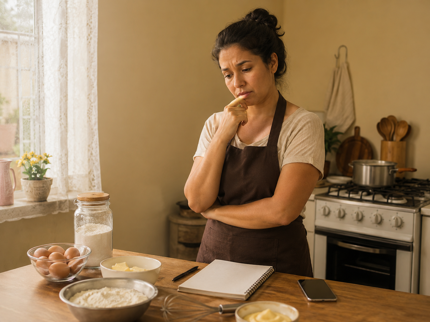Mulher pensativa na cozinha, representando a dúvida sobre o que vender para fazer uma renda extra