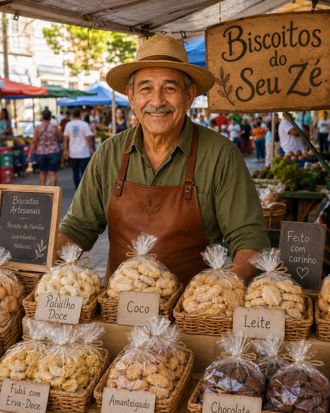 Seu Zé sorrindo atrás da barraca de biscoitos artesanais em uma feira