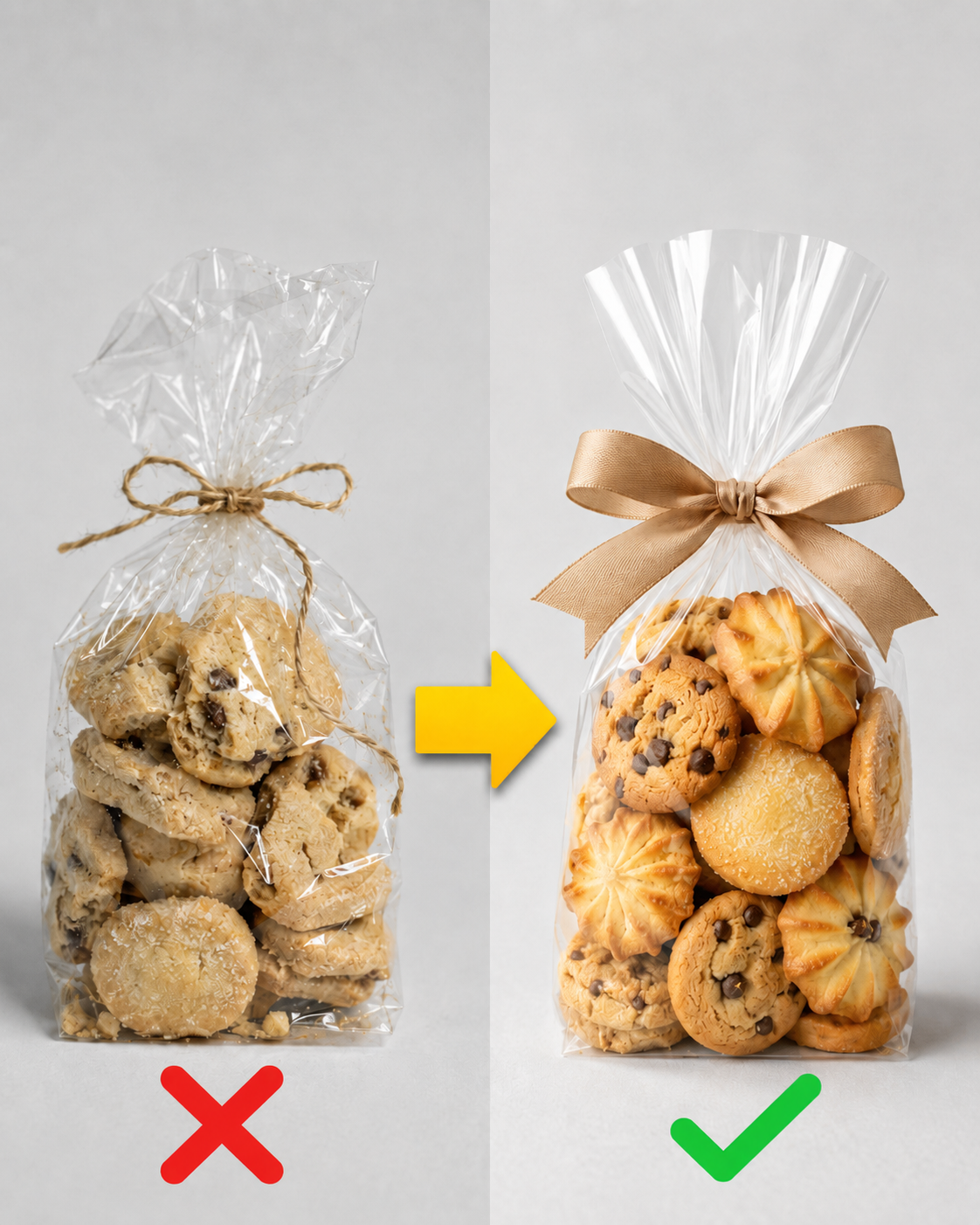 Comparação de biscoitos mal apresentados e biscoitos profissionais embalados, prontos para vender