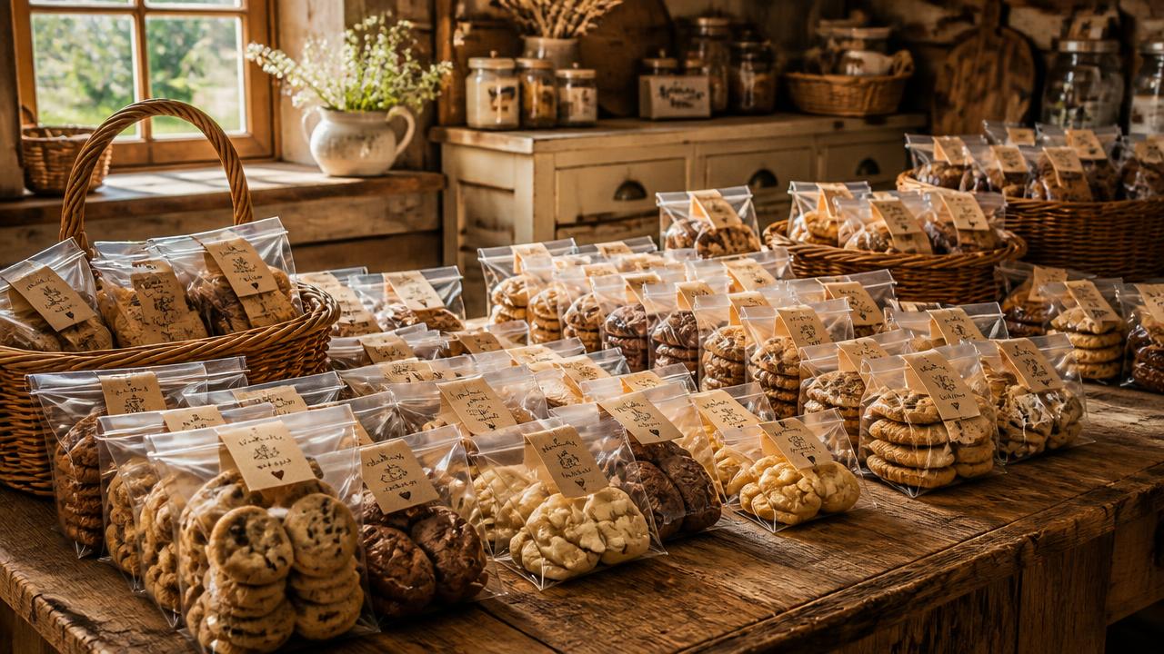 Mesa rústica cheia de pacotes de biscoitos artesanais prontos para venda