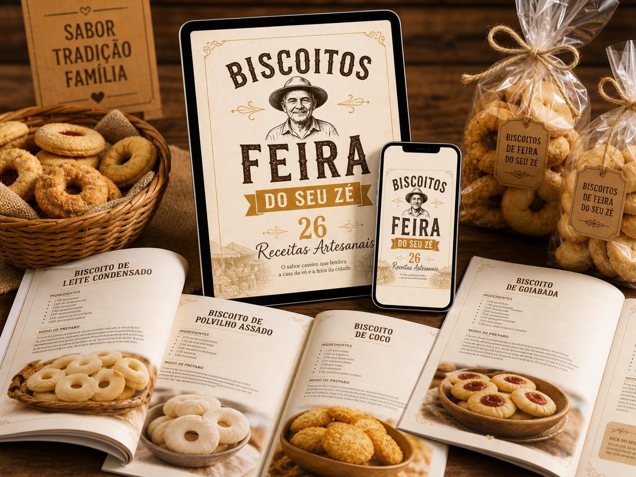 Páginas internas do material digital Biscoitos de Feira do Seu Zé em tablet, celular e páginas impressas